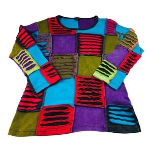 2823 Rising International Patchwork Bold Multi Color Pattern Long Sleeve Top L